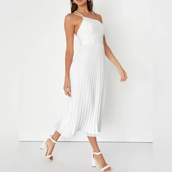 Lulus Wondrous Muse White Pleated One-Shoulder Midi Dress
