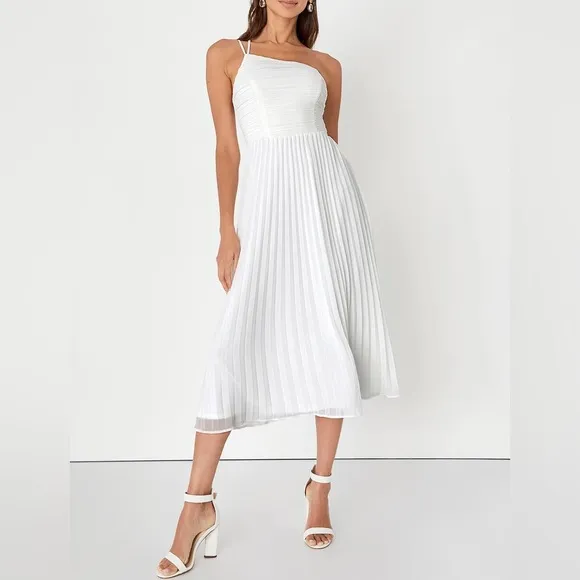 Lulus Wondrous Muse White Pleated One-Shoulder Midi Dress