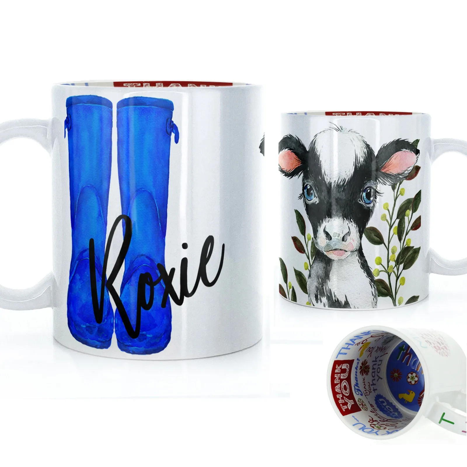 Personalised Mug with Stylish Text and Leafy Cow & Blue Wellies