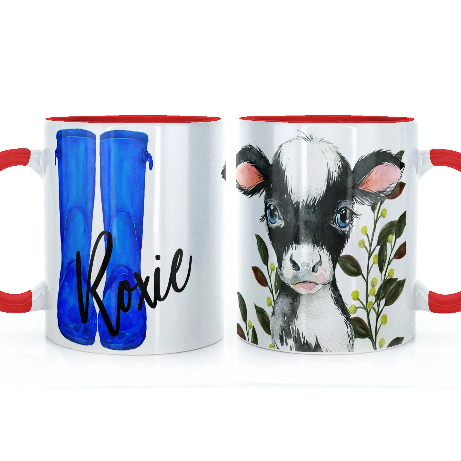Personalised Mug with Stylish Text and Leafy Cow & Blue Wellies
