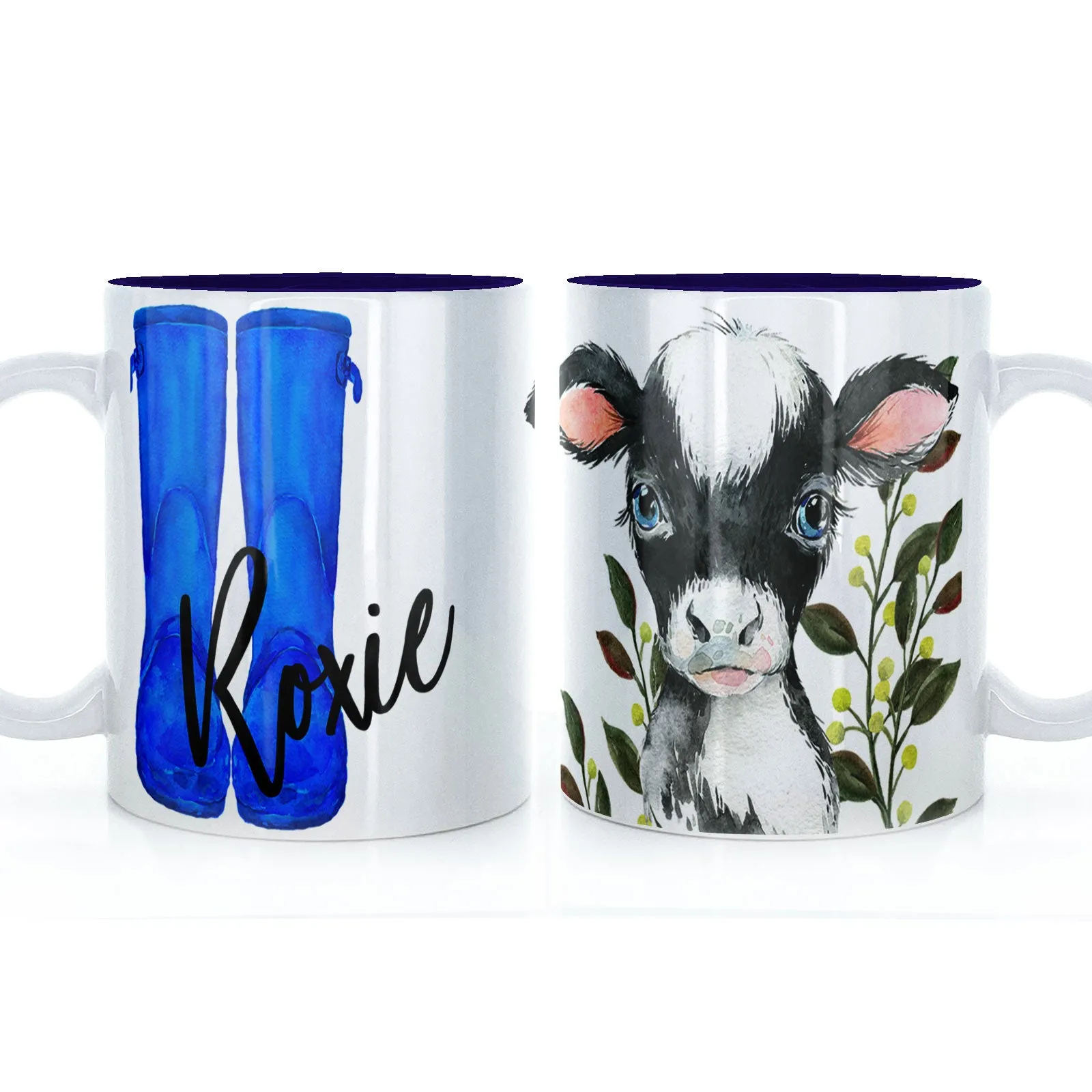 Personalised Mug with Stylish Text and Leafy Cow & Blue Wellies