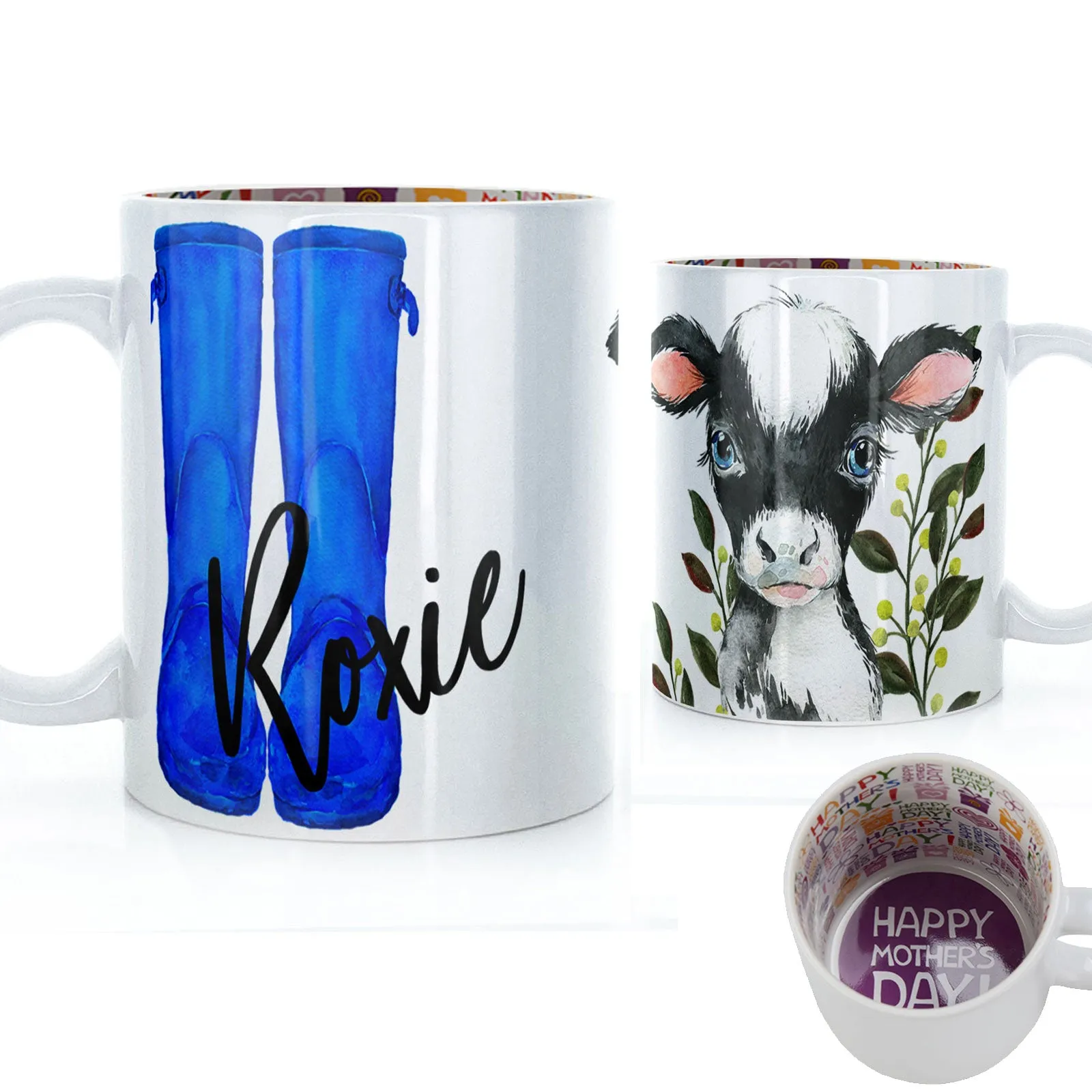 Personalised Mug with Stylish Text and Leafy Cow & Blue Wellies