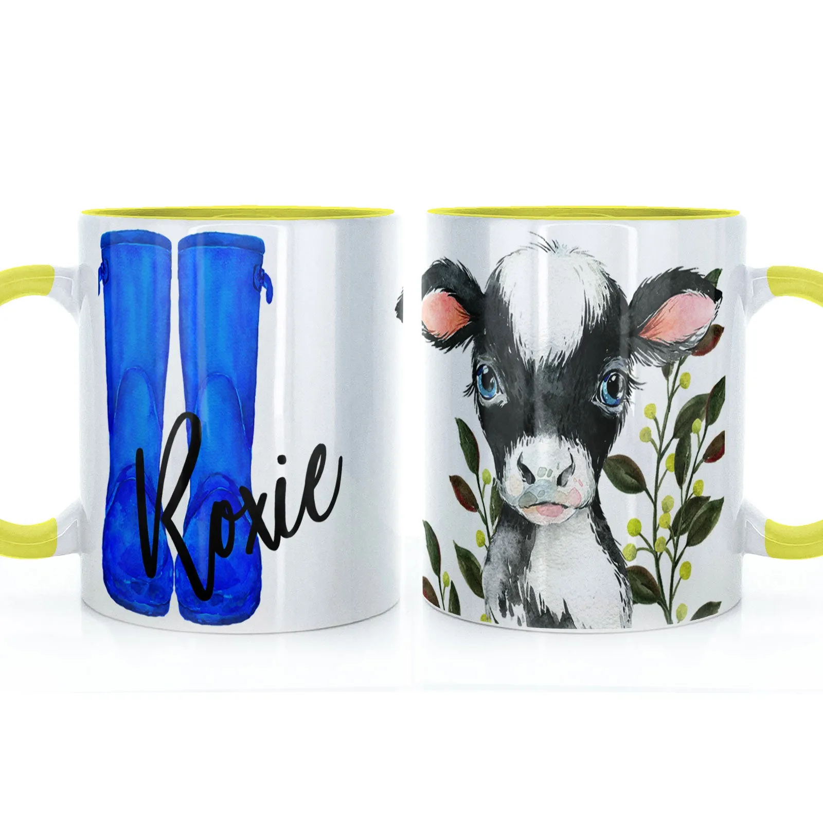 Personalised Mug with Stylish Text and Leafy Cow & Blue Wellies
