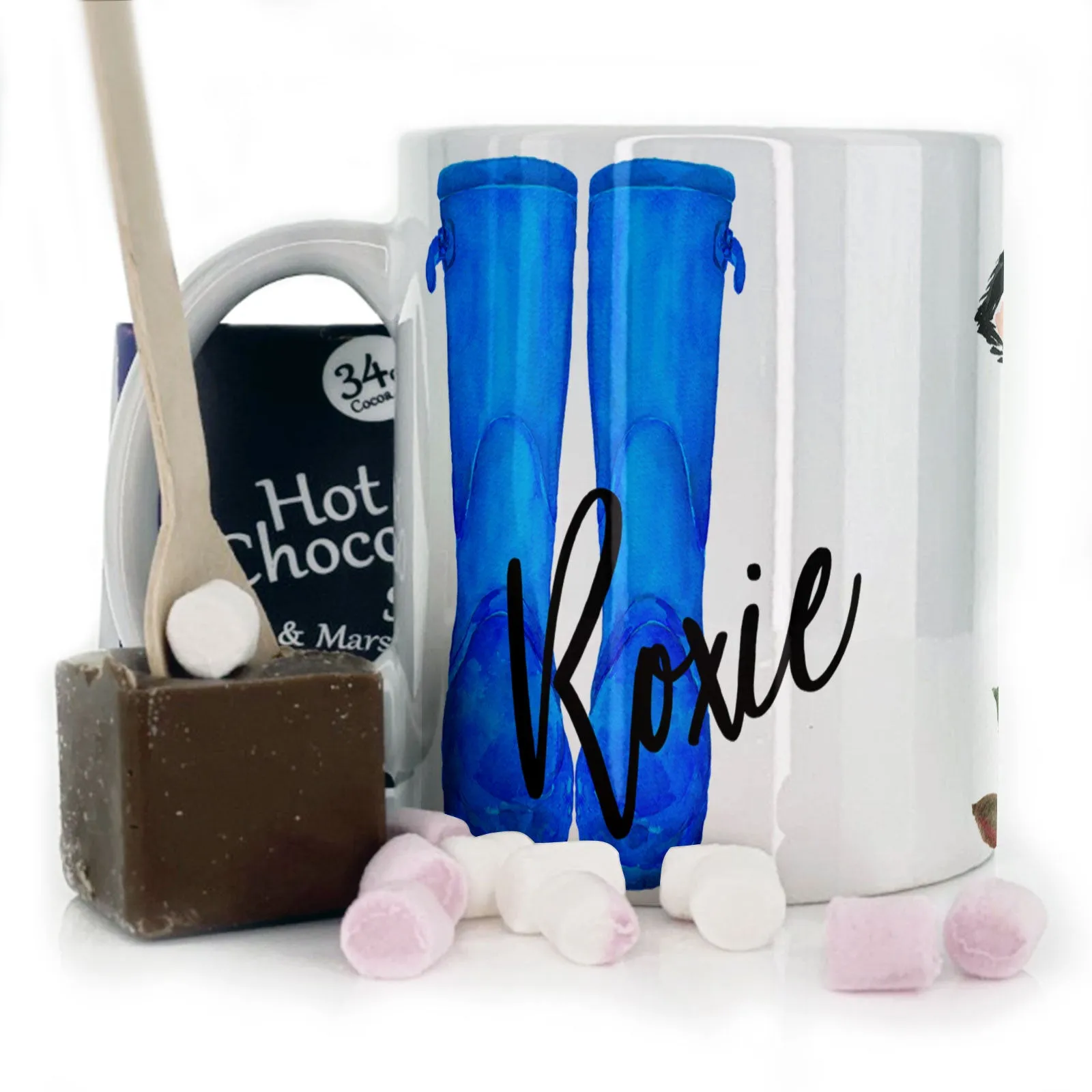Personalised Mug with Stylish Text and Leafy Cow & Blue Wellies