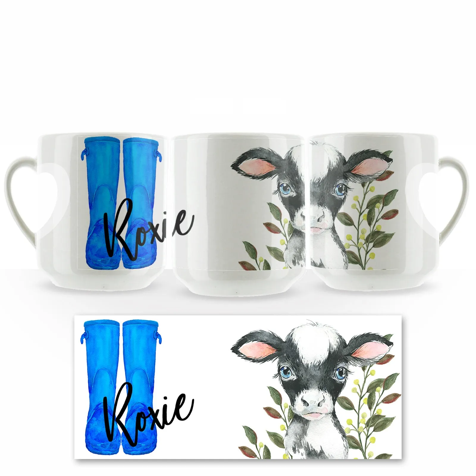 Personalised Mug with Stylish Text and Leafy Cow & Blue Wellies