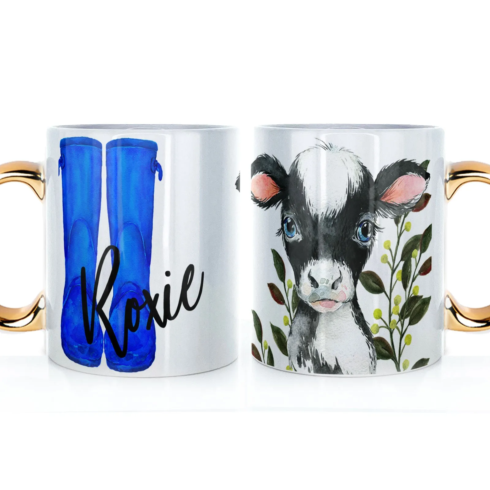 Personalised Mug with Stylish Text and Leafy Cow & Blue Wellies