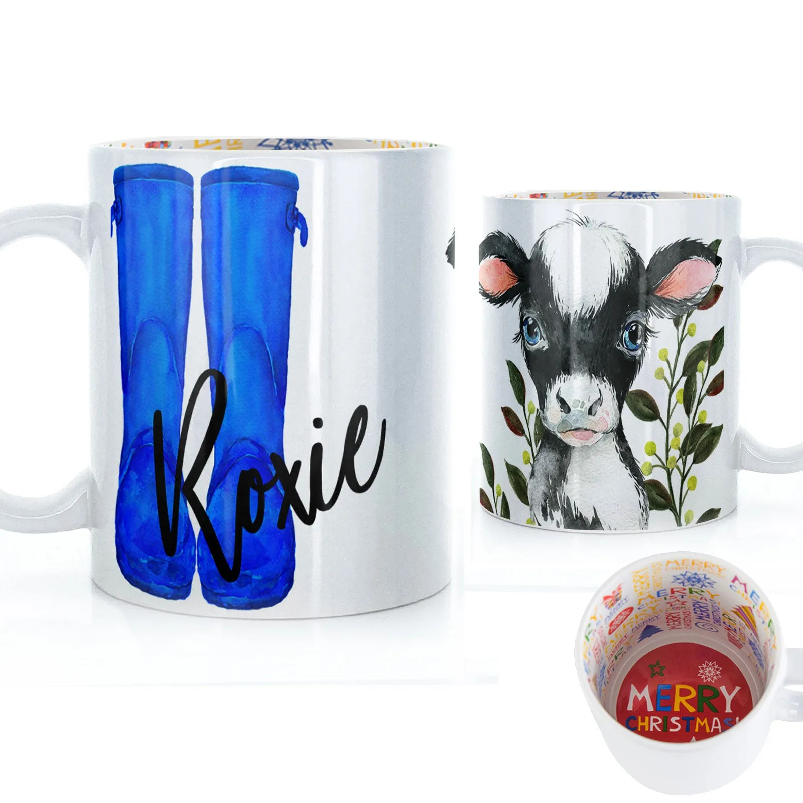 Personalised Mug with Stylish Text and Leafy Cow & Blue Wellies