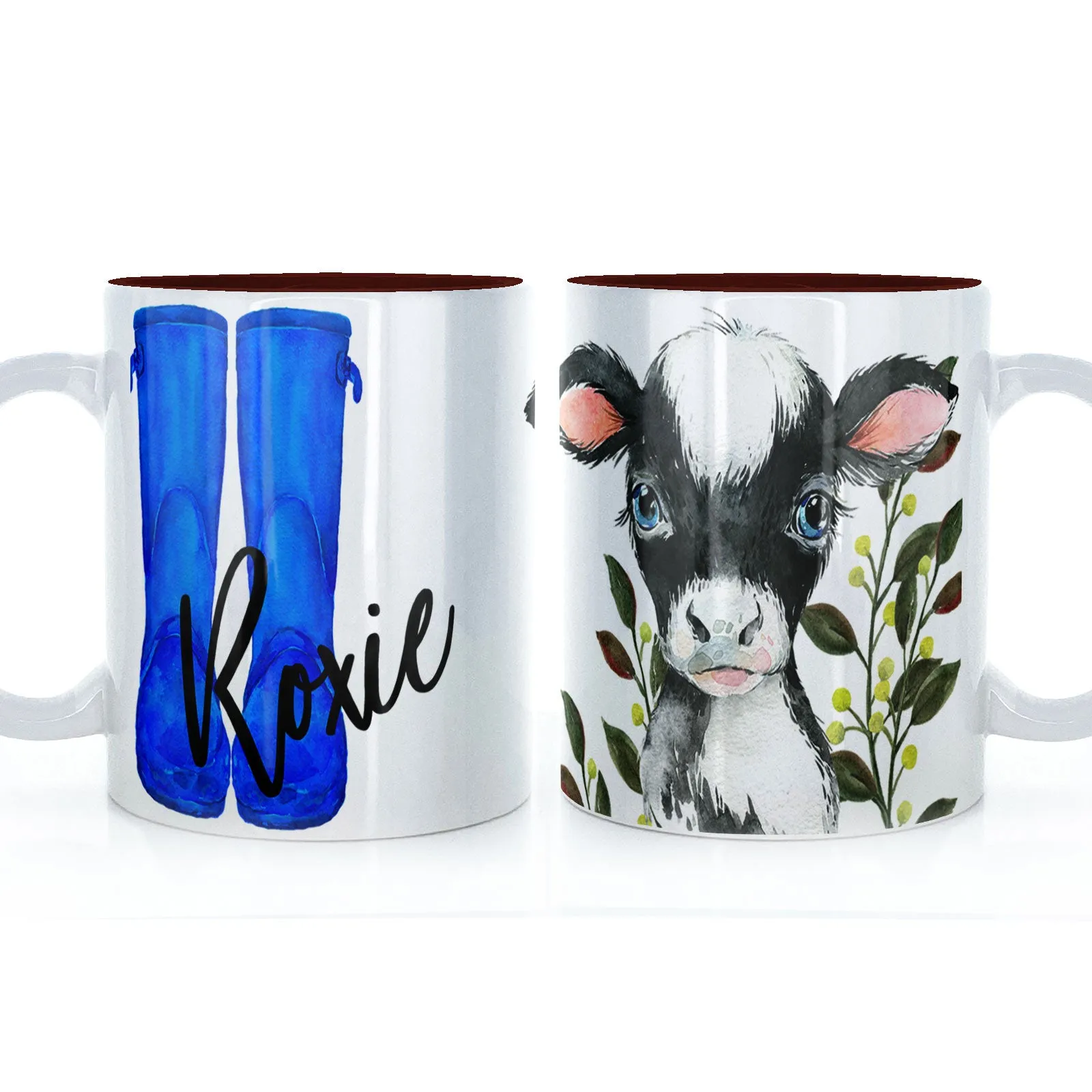 Personalised Mug with Stylish Text and Leafy Cow & Blue Wellies