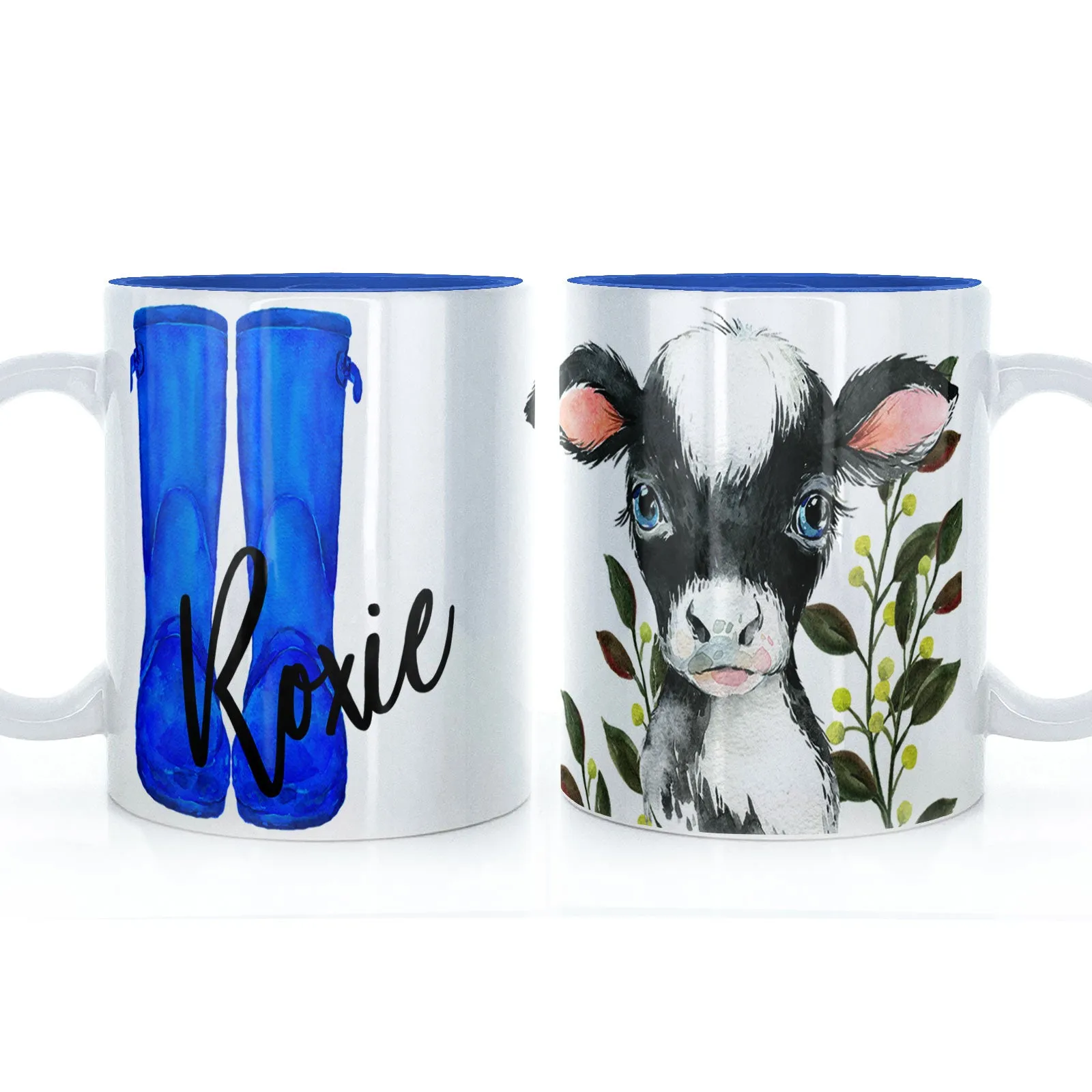 Personalised Mug with Stylish Text and Leafy Cow & Blue Wellies