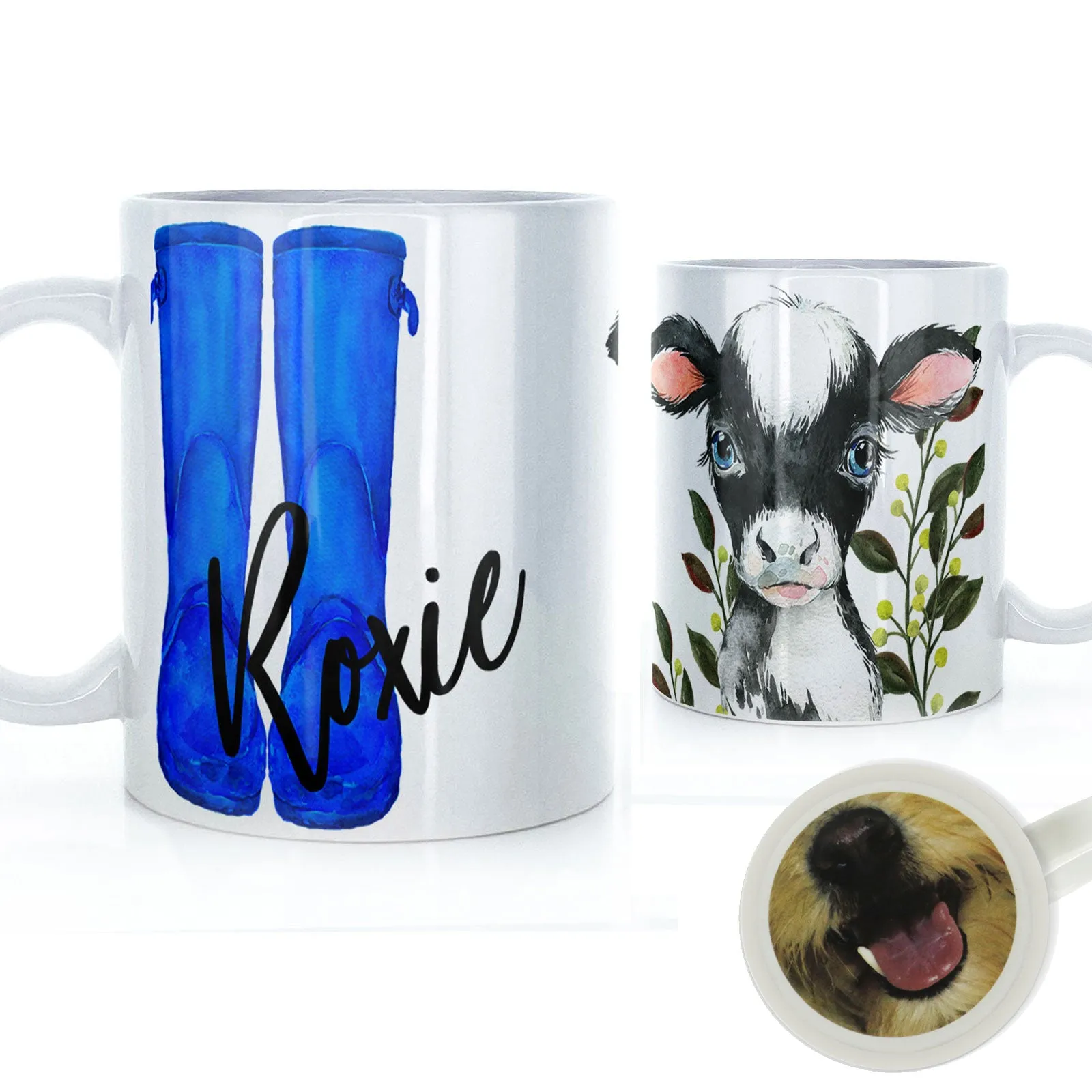 Personalised Mug with Stylish Text and Leafy Cow & Blue Wellies
