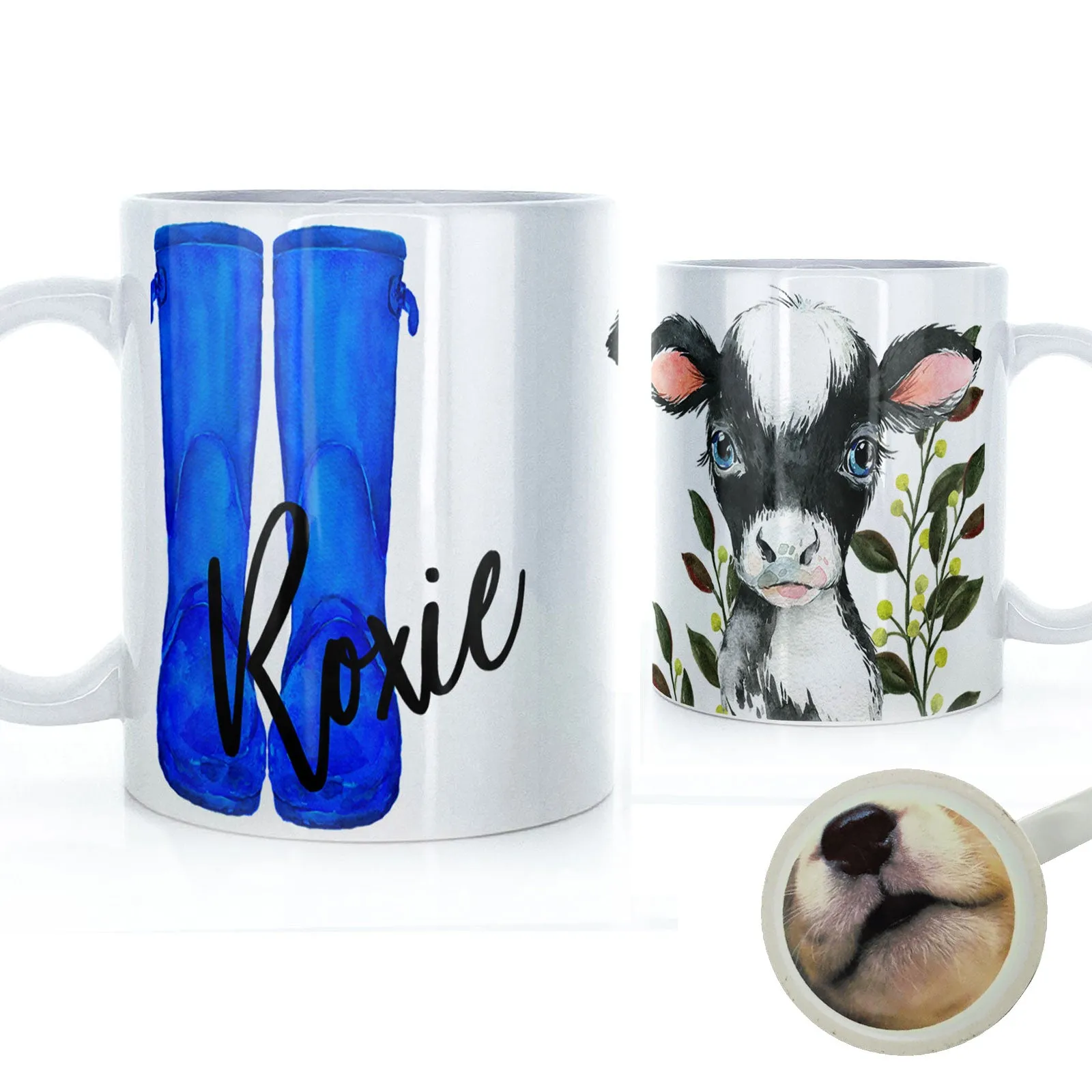 Personalised Mug with Stylish Text and Leafy Cow & Blue Wellies