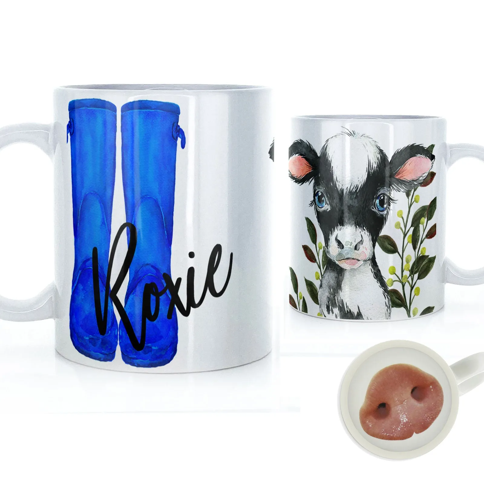 Personalised Mug with Stylish Text and Leafy Cow & Blue Wellies