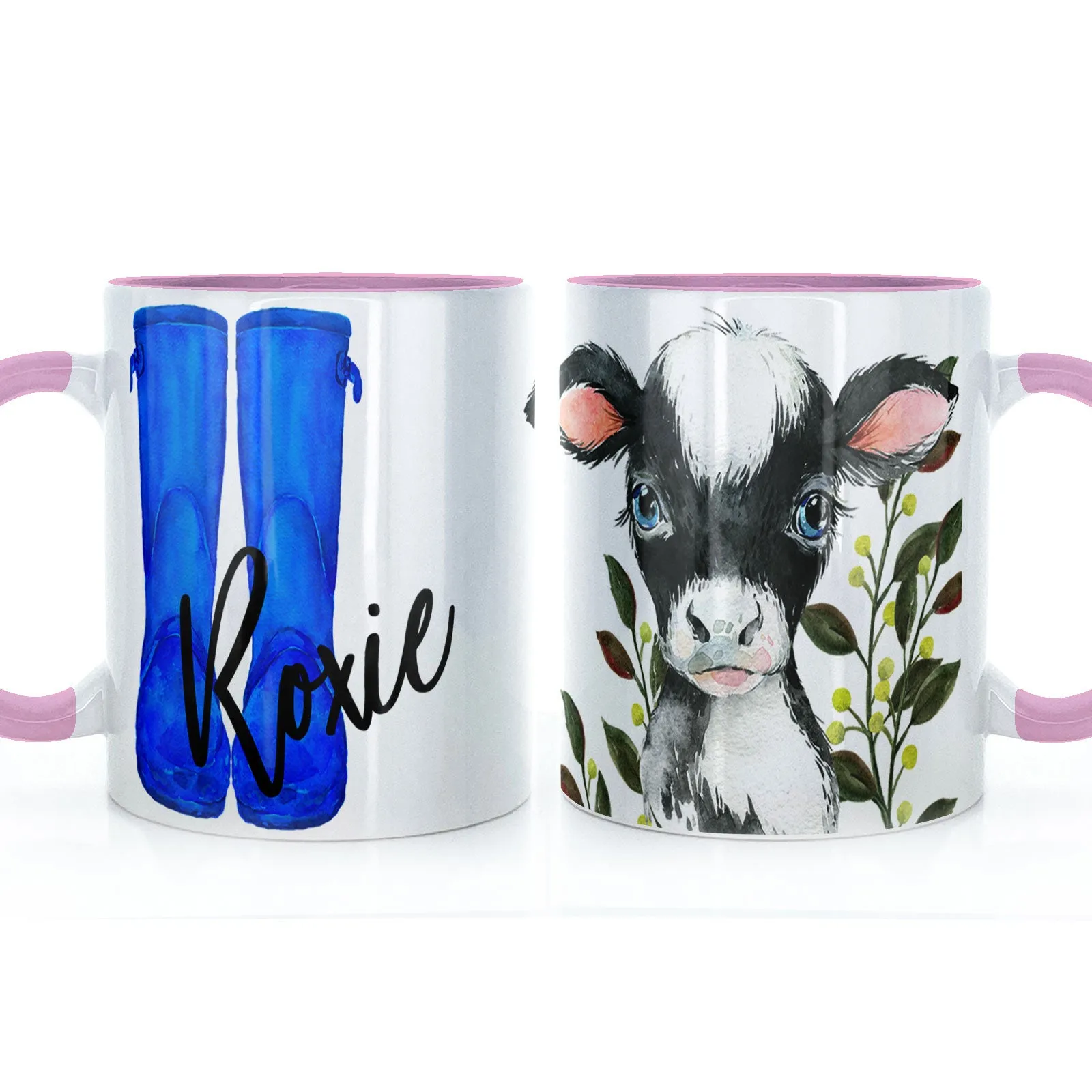 Personalised Mug with Stylish Text and Leafy Cow & Blue Wellies