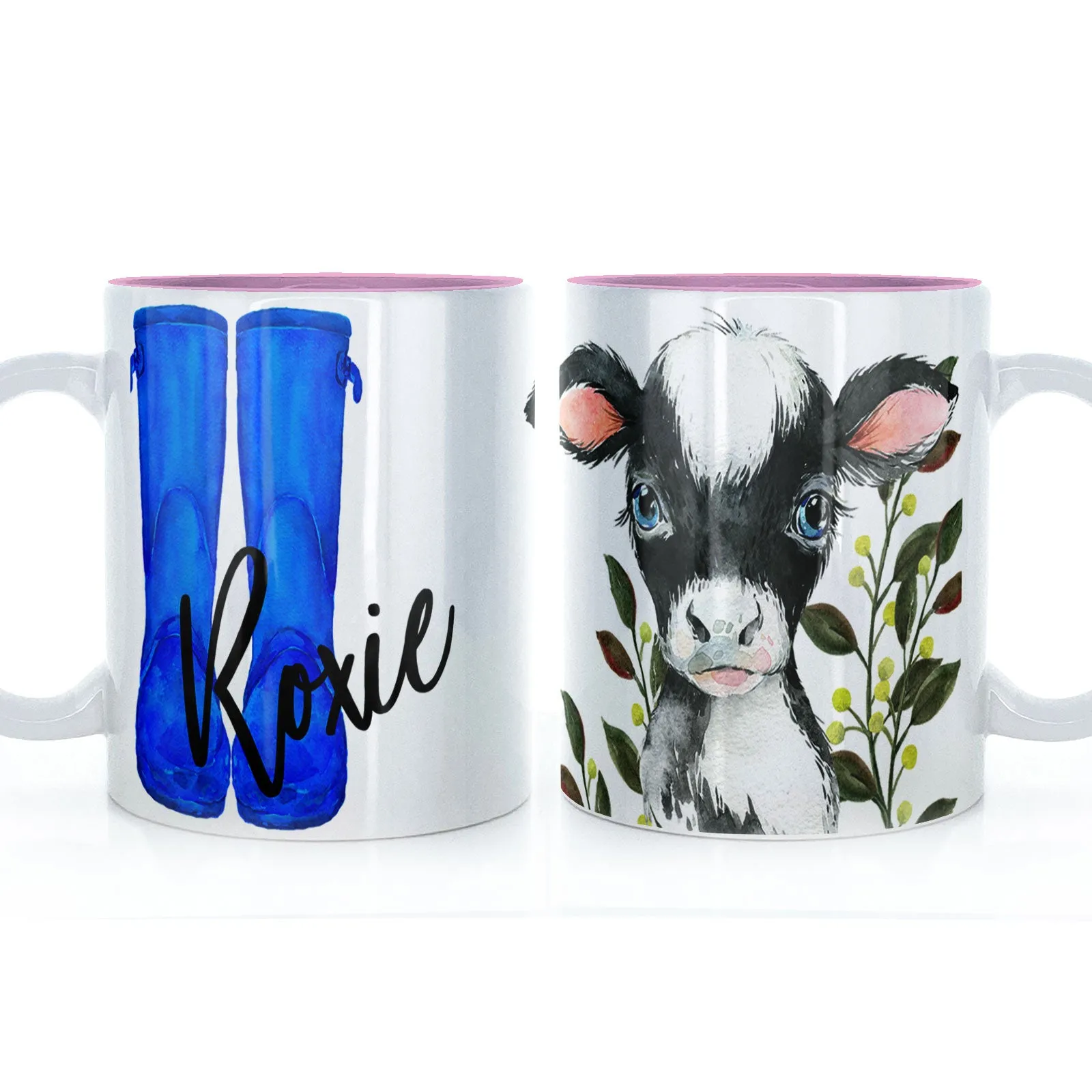 Personalised Mug with Stylish Text and Leafy Cow & Blue Wellies