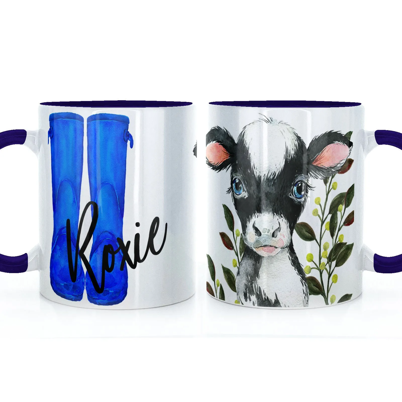 Personalised Mug with Stylish Text and Leafy Cow & Blue Wellies