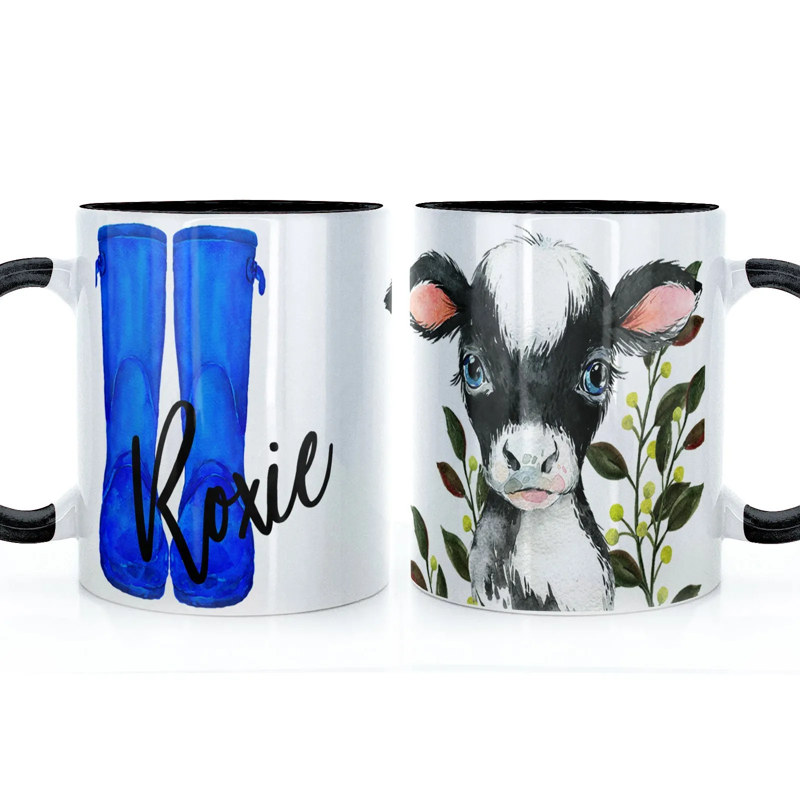Personalised Mug with Stylish Text and Leafy Cow & Blue Wellies