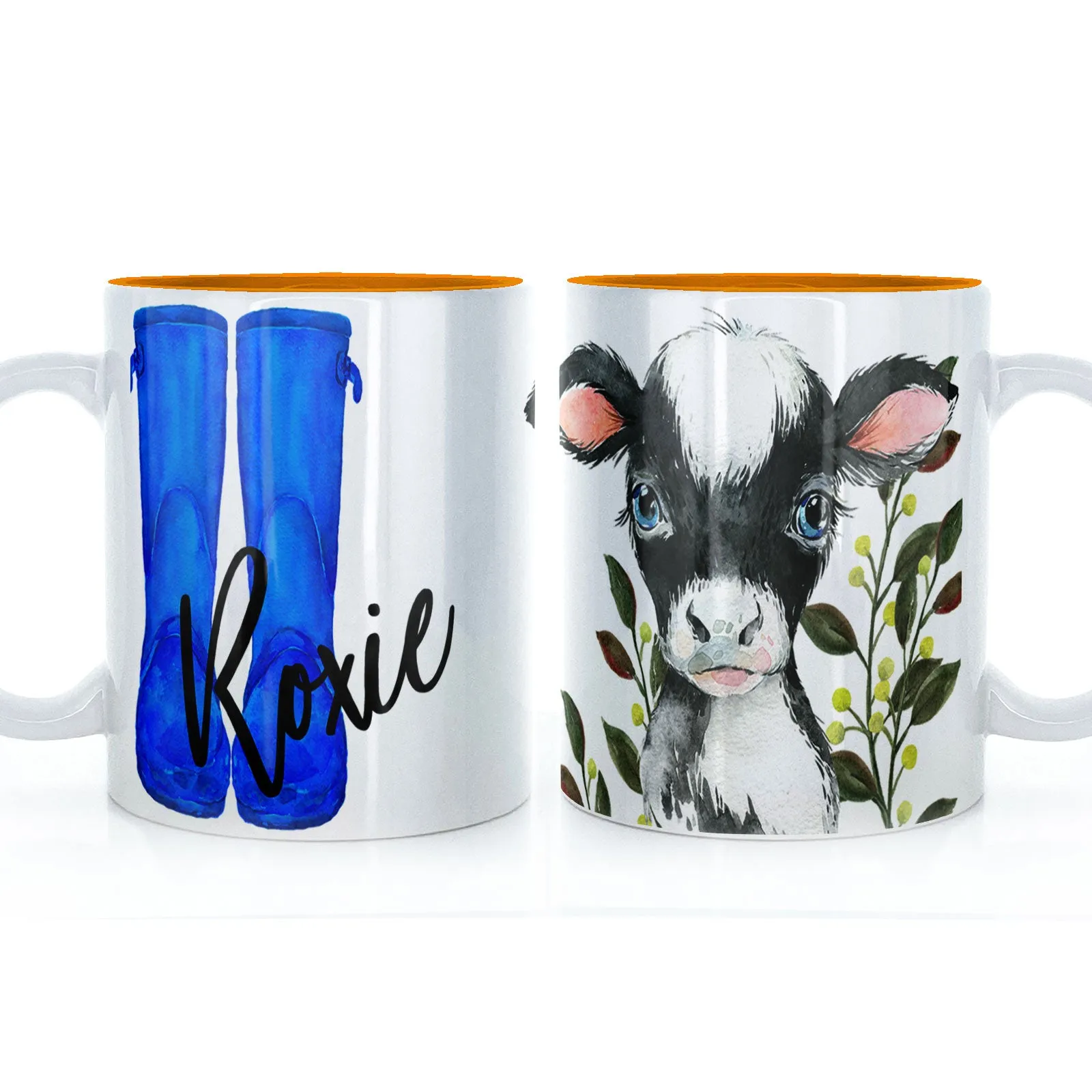 Personalised Mug with Stylish Text and Leafy Cow & Blue Wellies