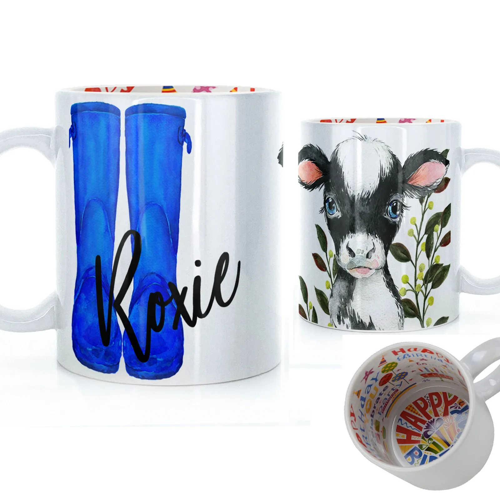 Personalised Mug with Stylish Text and Leafy Cow & Blue Wellies