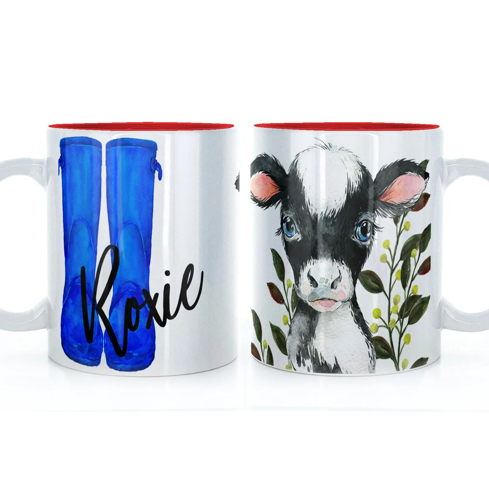 Personalised Mug with Stylish Text and Leafy Cow & Blue Wellies