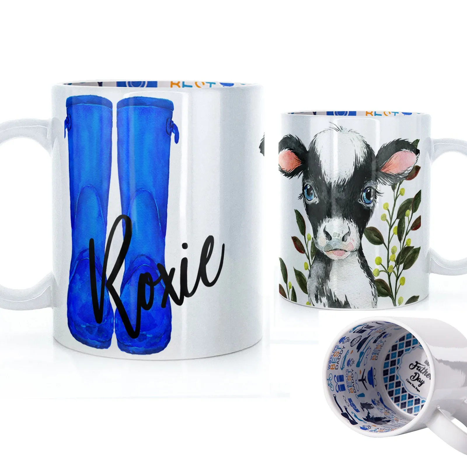 Personalised Mug with Stylish Text and Leafy Cow & Blue Wellies