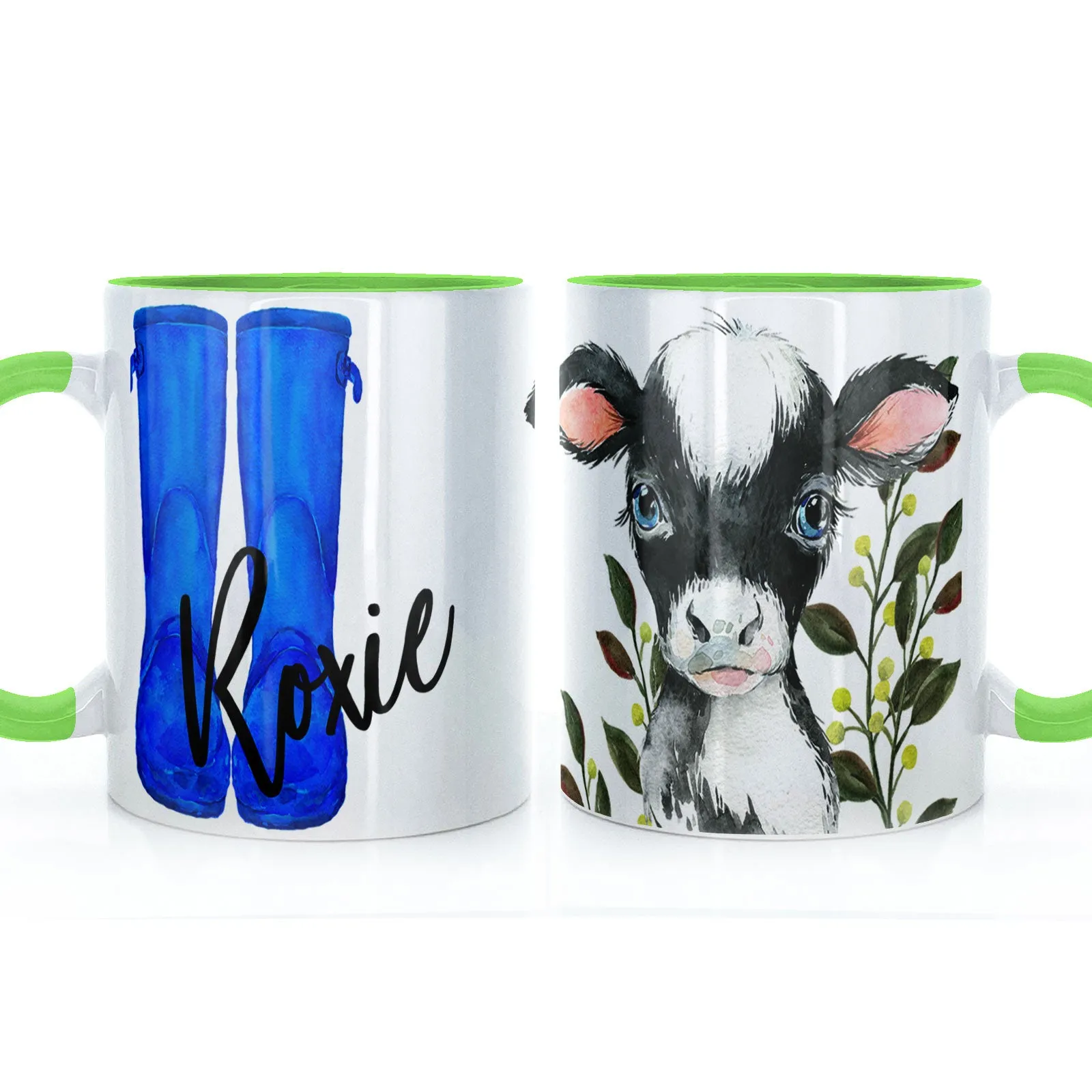 Personalised Mug with Stylish Text and Leafy Cow & Blue Wellies