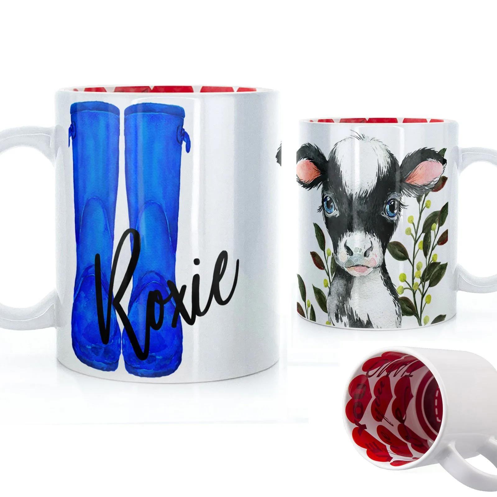 Personalised Mug with Stylish Text and Leafy Cow & Blue Wellies