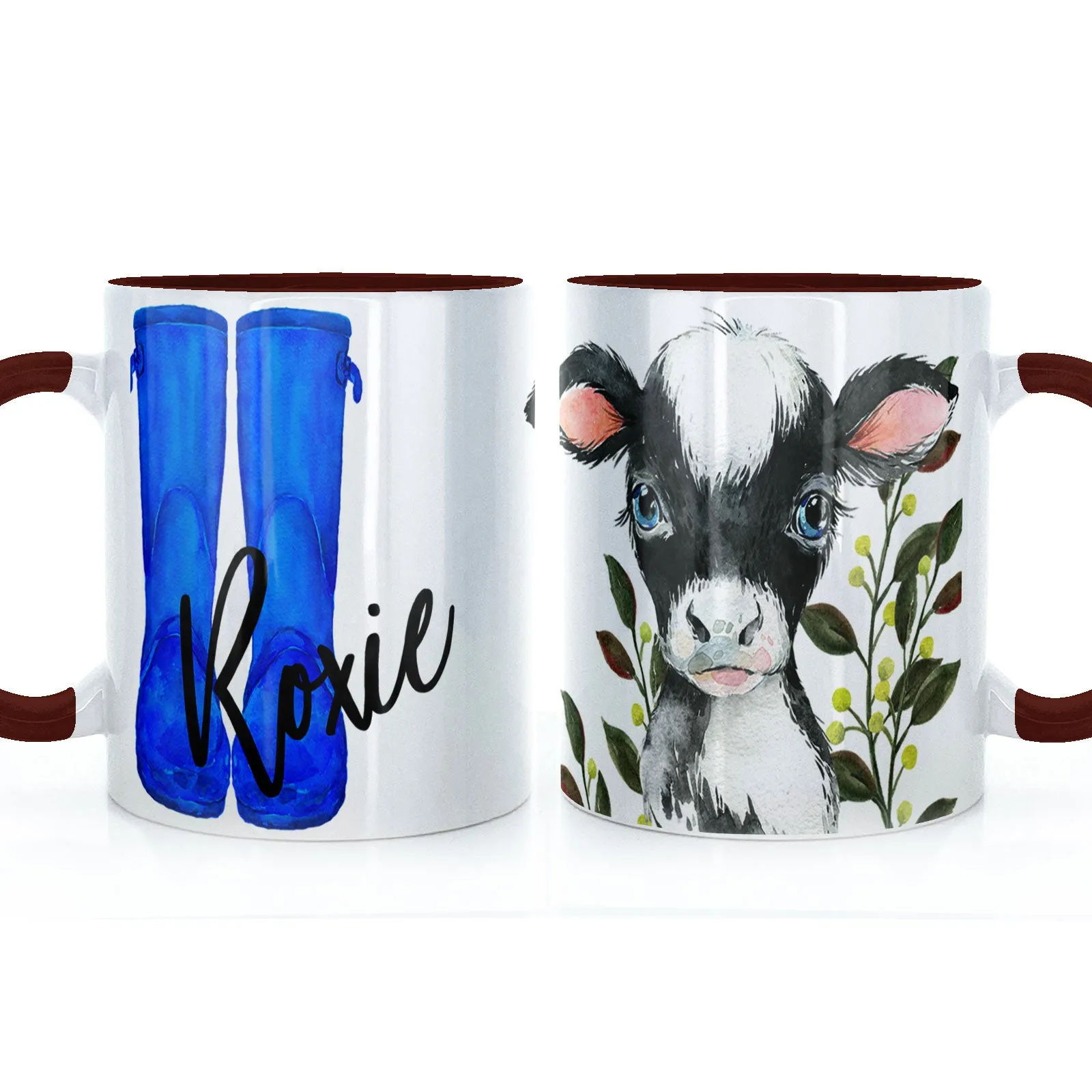 Personalised Mug with Stylish Text and Leafy Cow & Blue Wellies