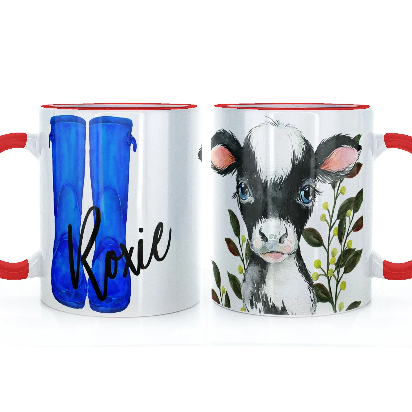Personalised Mug with Stylish Text and Leafy Cow & Blue Wellies