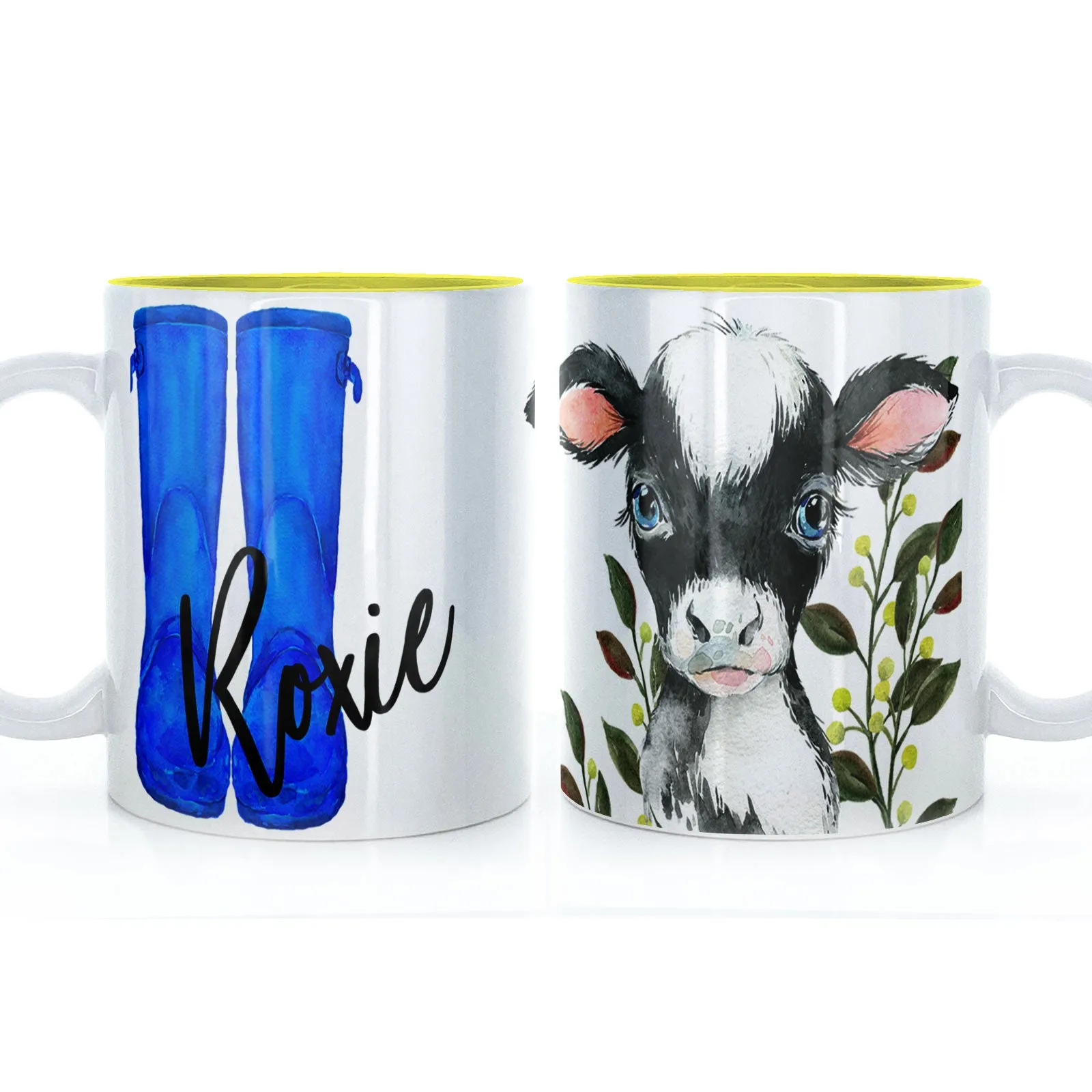 Personalised Mug with Stylish Text and Leafy Cow & Blue Wellies