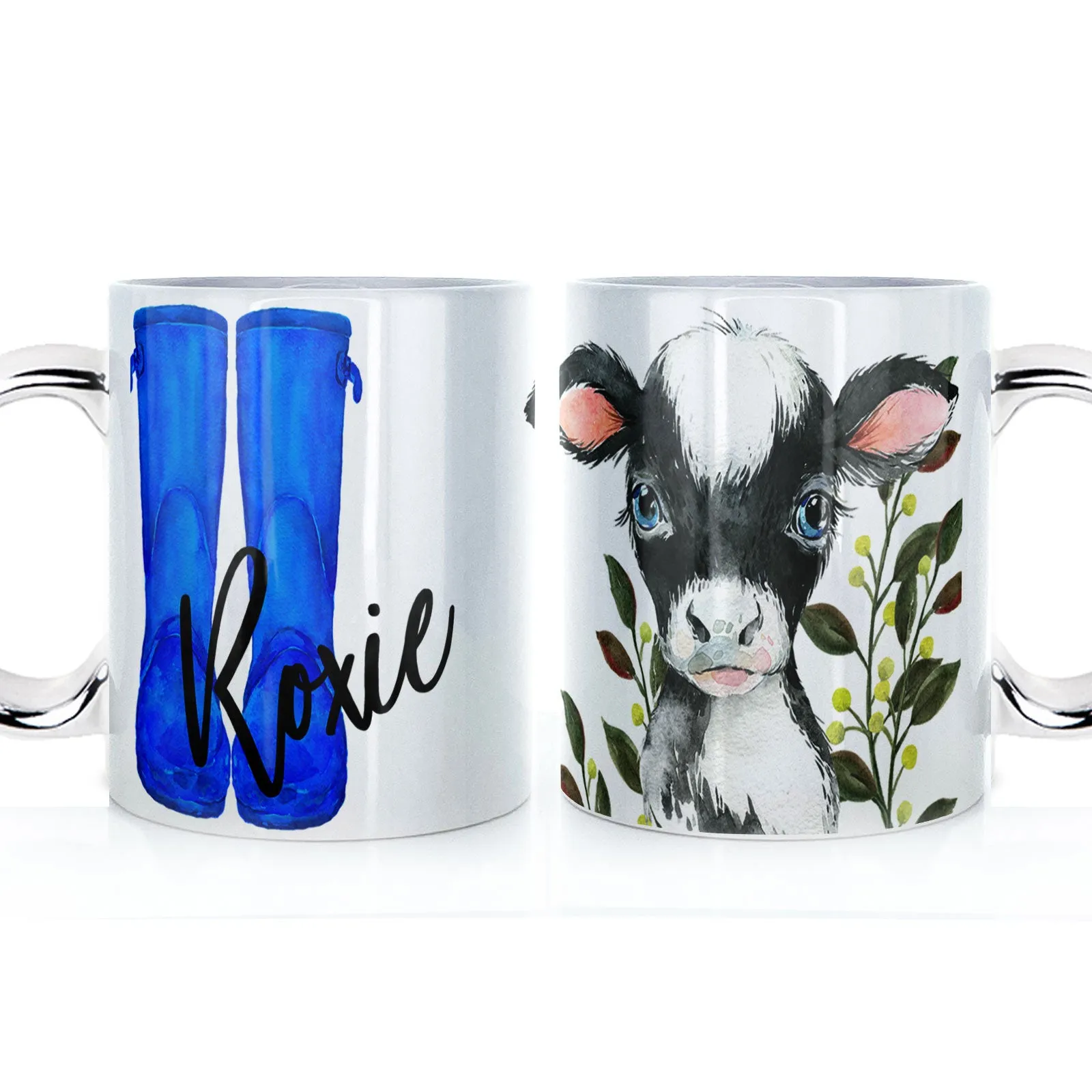 Personalised Mug with Stylish Text and Leafy Cow & Blue Wellies