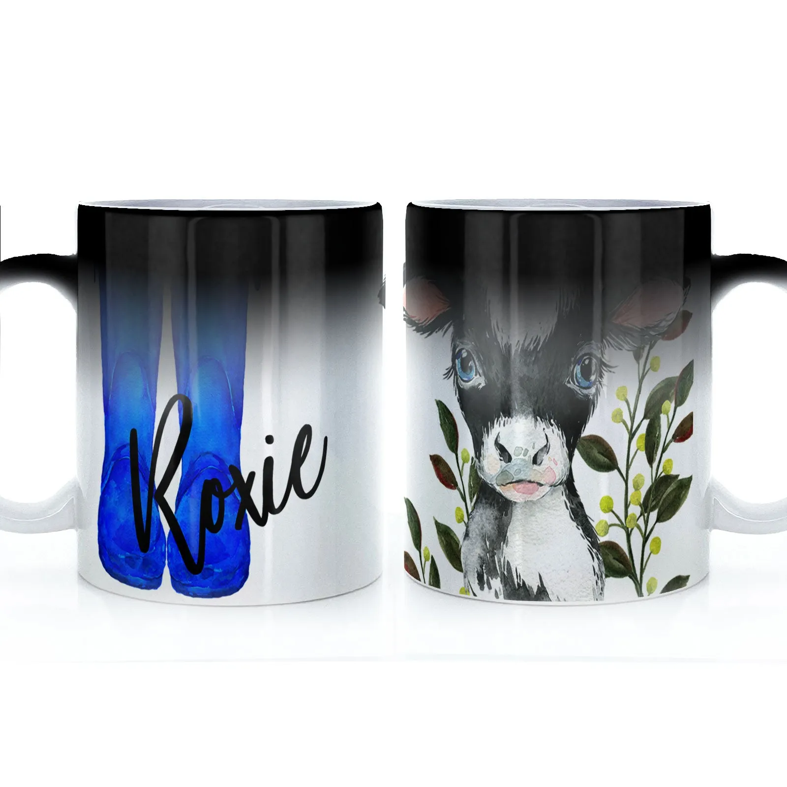 Personalised Mug with Stylish Text and Leafy Cow & Blue Wellies