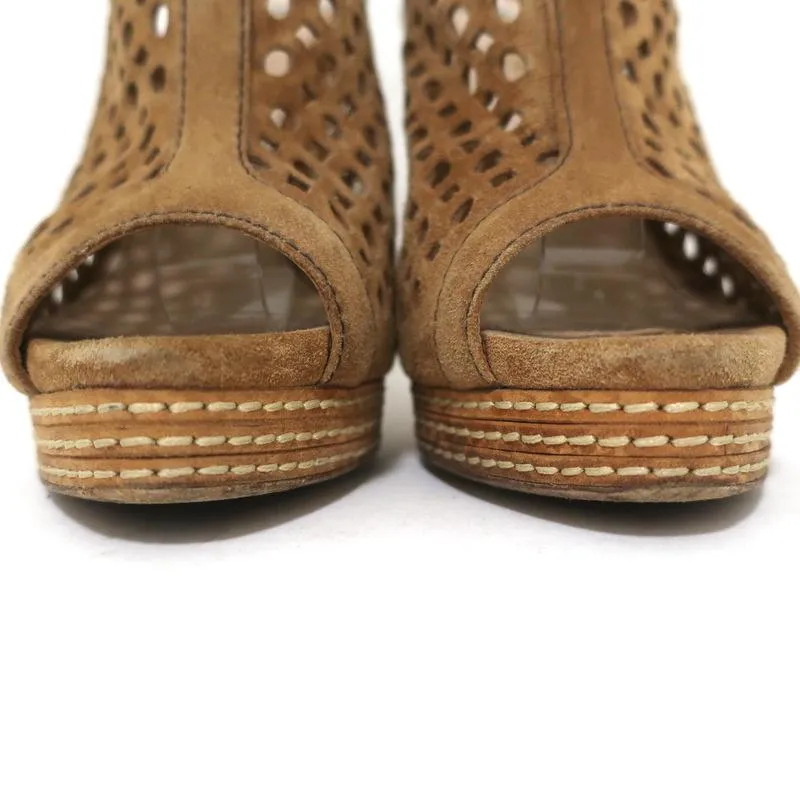 Prada Peep Toe Slingback Sandals Brown Laser Cut Suede Size 37 Platform Heels