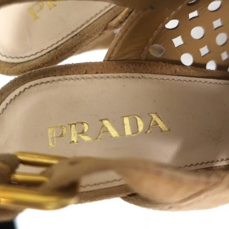 Prada Peep Toe Slingback Sandals Brown Laser Cut Suede Size 37 Platform Heels