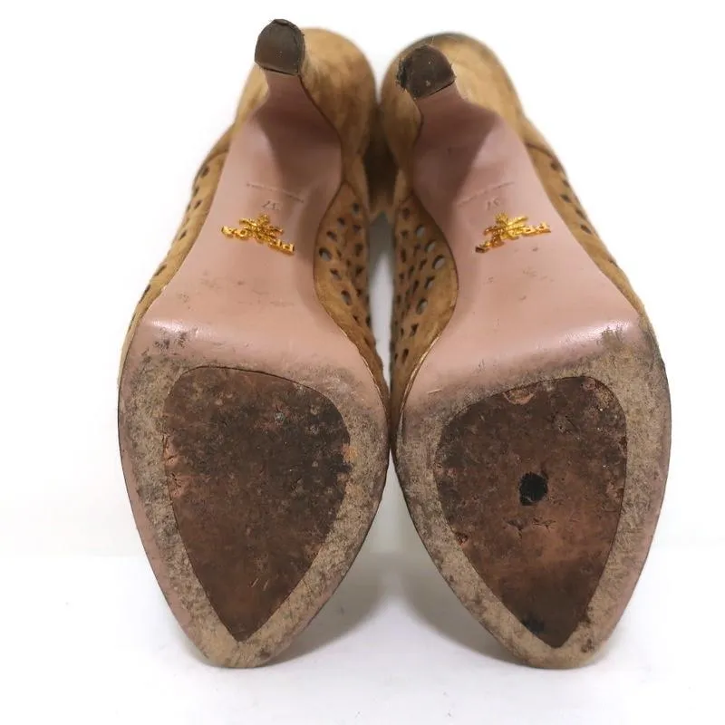 Prada Peep Toe Slingback Sandals Brown Laser Cut Suede Size 37 Platform Heels