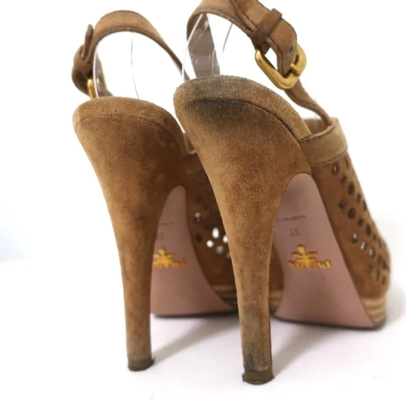 Prada Peep Toe Slingback Sandals Brown Laser Cut Suede Size 37 Platform Heels