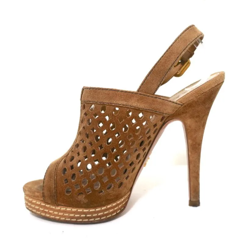 Prada Peep Toe Slingback Sandals Brown Laser Cut Suede Size 37 Platform Heels