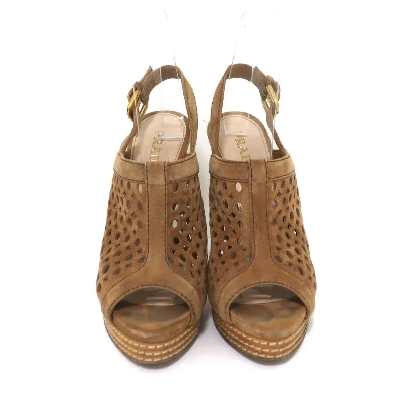 Prada Peep Toe Slingback Sandals Brown Laser Cut Suede Size 37 Platform Heels