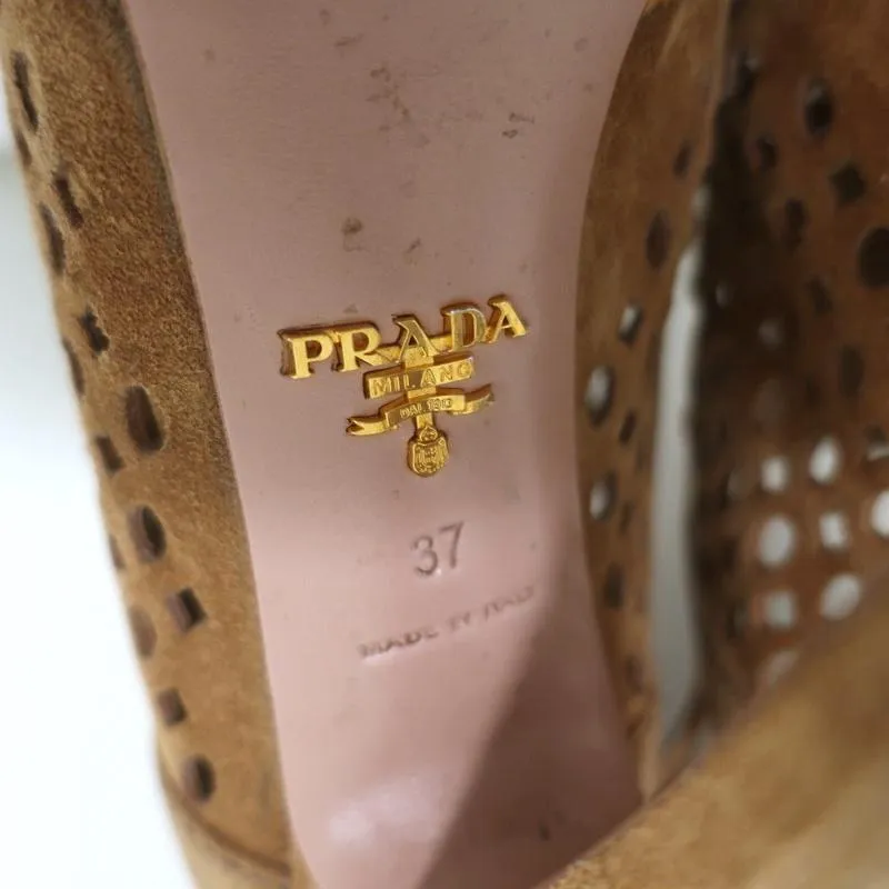 Prada Peep Toe Slingback Sandals Brown Laser Cut Suede Size 37 Platform Heels