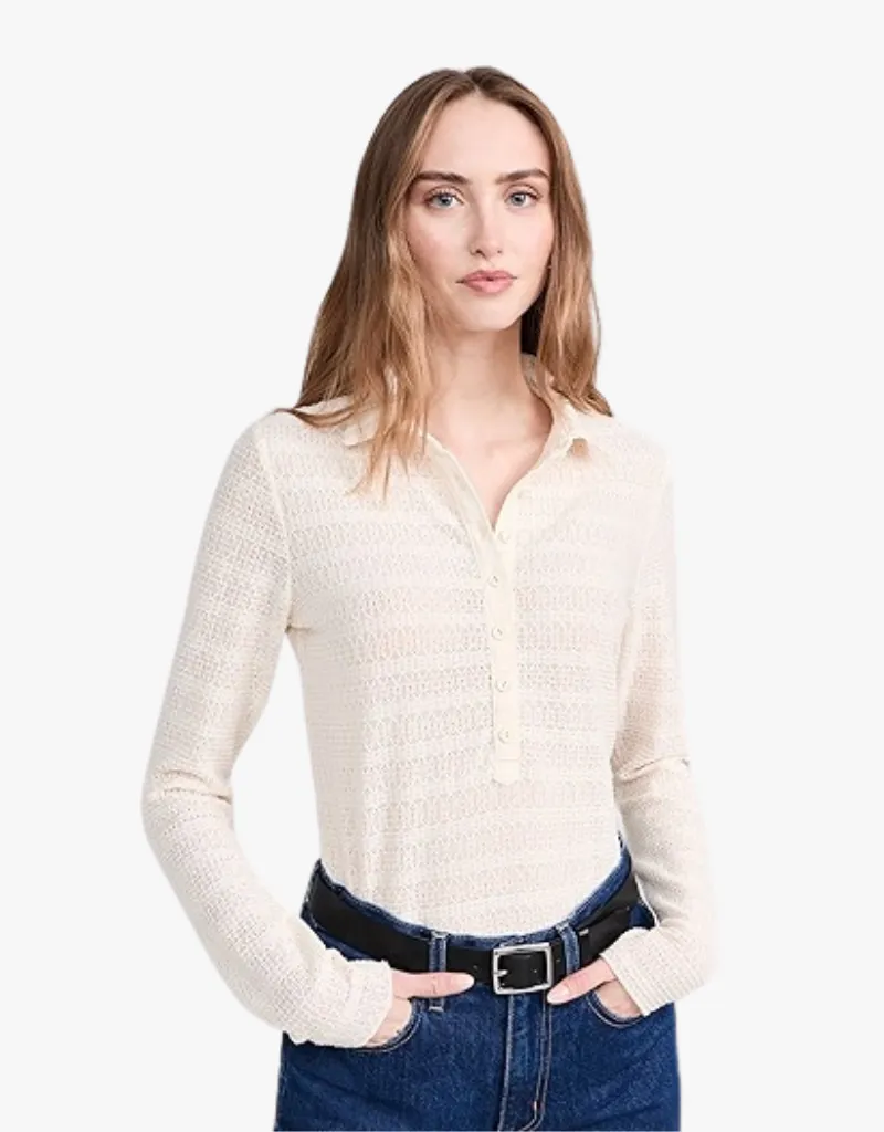 Rag & Bone Julia Long Sleeve Polo in Ivory