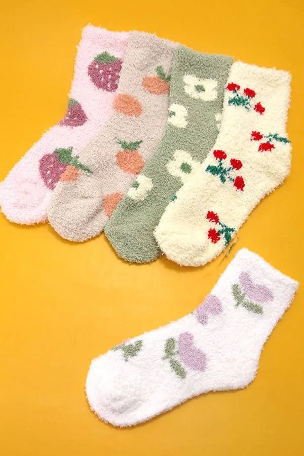 Warm Coral Fleece Plush Cherry Fuzzy Socks