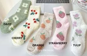 Warm Coral Fleece Plush Cherry Fuzzy Socks