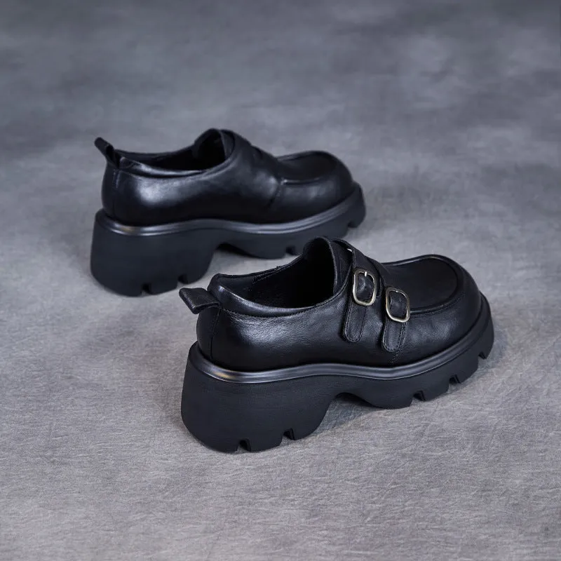 Women Retro Leather Buckle Thick Soled Loafers