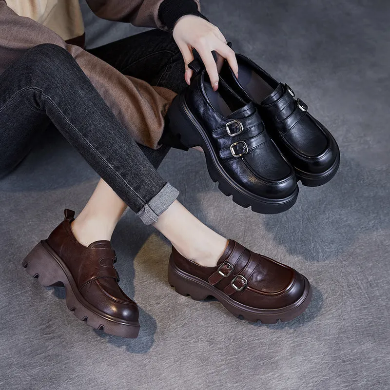 Women Retro Leather Buckle Thick Soled Loafers