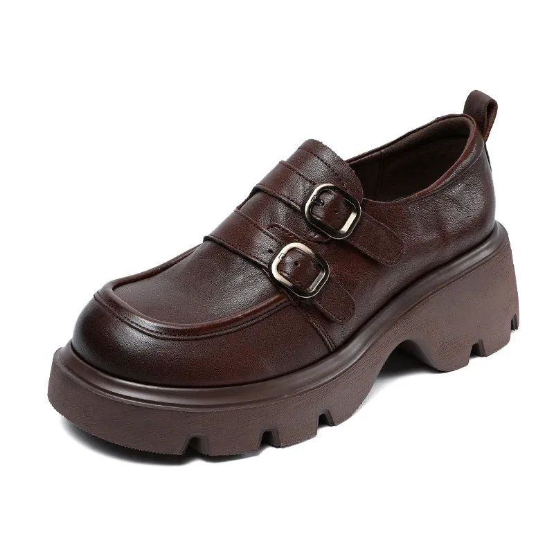 Women Retro Leather Buckle Thick Soled Loafers