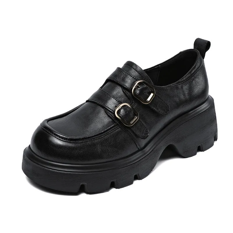 Women Retro Leather Buckle Thick Soled Loafers